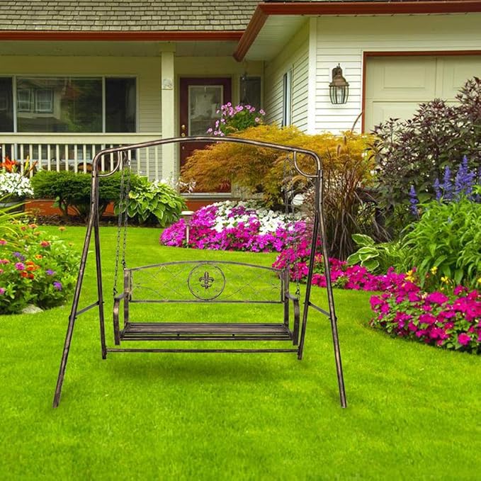 Porch Swing Hanging Bench Metal Porch Swing Outdoor Patio Furniture Iron Swing Chair Heavy Duty Steel Black Porch Swing Hanging Chair Porch Swings for Garden, Yard, Deck, Backyard(Not Included Stand)