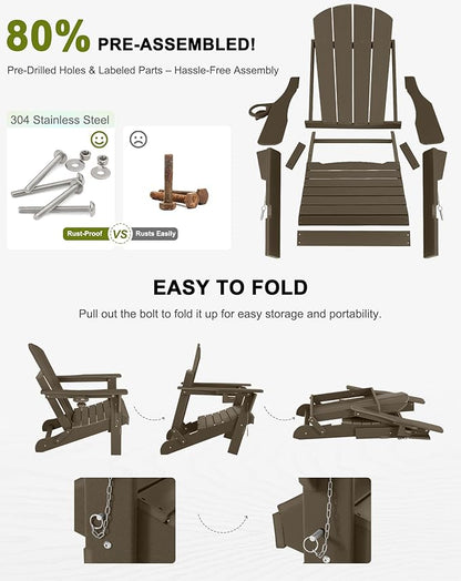 Folding Adirondack Chairs - Plastic Adirondack Chairs with Cup Holder, Weather Resistant for Outdoor, Patio, Lawn, Garden, Backyard Deck, Fire Pit - Dark Brown