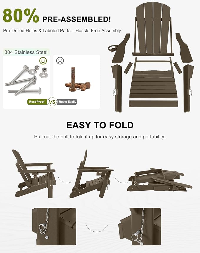 Folding Adirondack Chairs Set of 2 - Plastic Adirondack Chairs with Cup Holder, Weather Resistant for Outdoor, Patio, Lawn, Garden, Backyard Deck, Fire Pit - Dark Brown