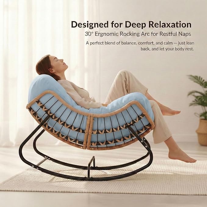 Oversized Papasan Rocking Chair Outdoor, Comfy Wicker Patio Papasan Egg Rocker with Thick Cushion for 450 lbs - Photo 9