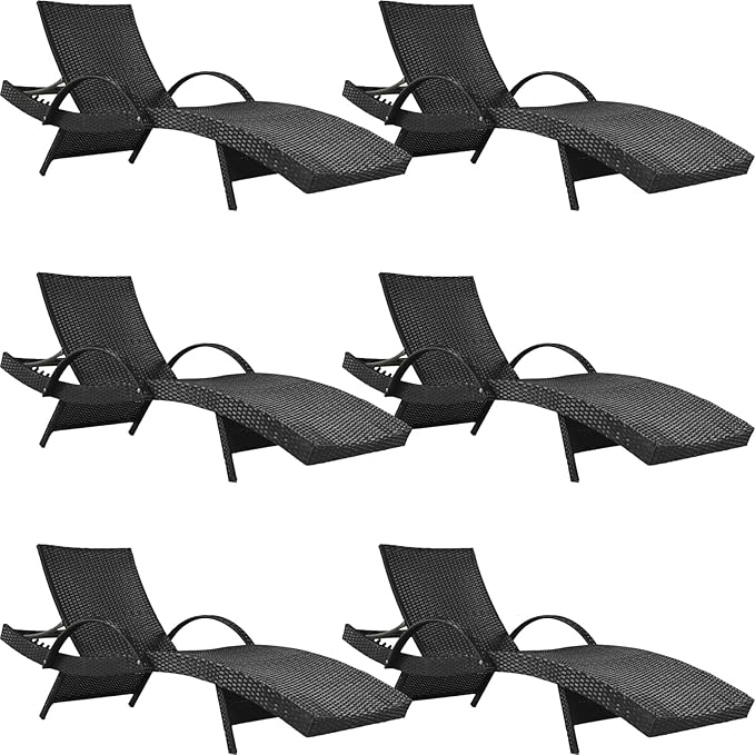 80.3” Outdoor Chaise Lounge, Black Pool Lounge Chairs Set of 6, Wicker Recliner Chair with Pull-Out Side Table, Adjust Back Patio Sunbathing Lounge Chairs for Outside, Garden, Deck, Backyard