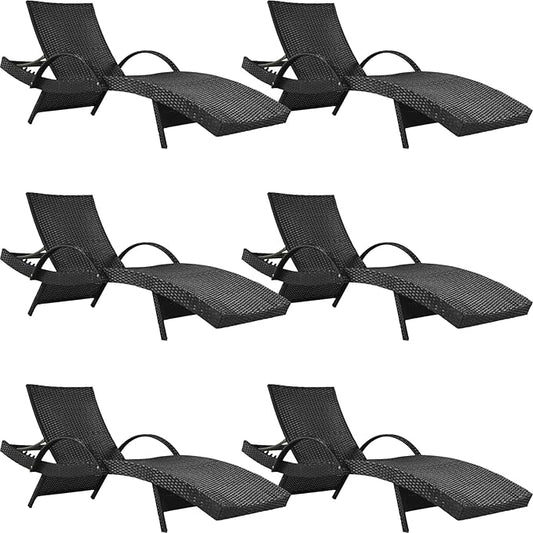 80.3” Outdoor Chaise Lounge, Black Pool Lounge Chairs Set of 6, Wicker Recliner Chair with Pull-Out Side Table, Adjust Back Patio Sunbathing Lounge Chairs for Outside, Garden, Deck, Backyard