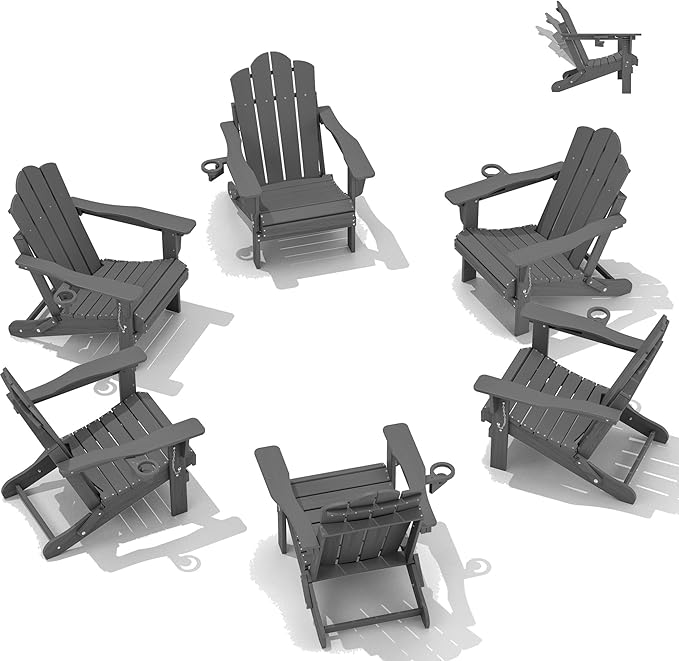 KINGYES Adjustable Folding Adirondack Chair Set of 6, 3-Position Reclining Adirondack Chairs with Cup Holder, HDPE All-Weather Oversized Adirondack for Outdoor, Patio, Backyard Deck, Fire Pit, Gray
