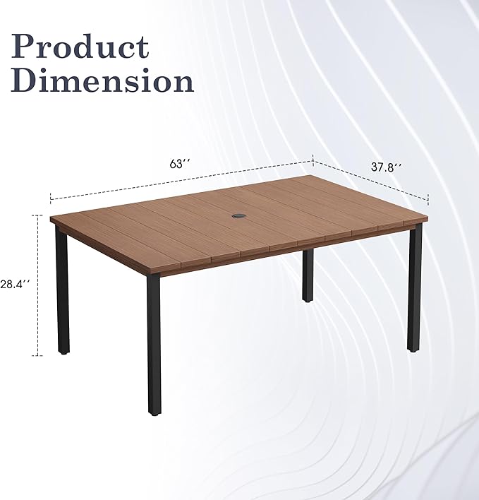Outdoor Dining Table for 6, 63" Rectangle Outdoor Table with Adjustable Umbrella Hole, All-Weather Metal Patio Dining Table for Lawn Garden Backyard Deck, Walnut