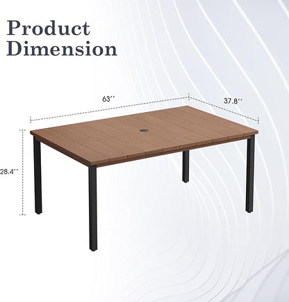 Outdoor Dining Table for 6, 63" Rectangle Outdoor Table with Adjustable Umbrella Hole, All-Weather Metal Patio Dining Table for Lawn Garden Backyard Deck, Walnut