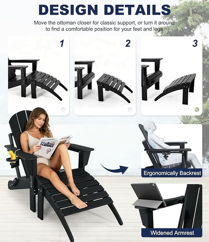 Adirondack Chair with Ottoman | Folding | Outdoor Patio Chair with Removable Footrest | HDPE Plastic All-Weather Resistant | Cup Holder | for Backyard and Garden | Matte Black