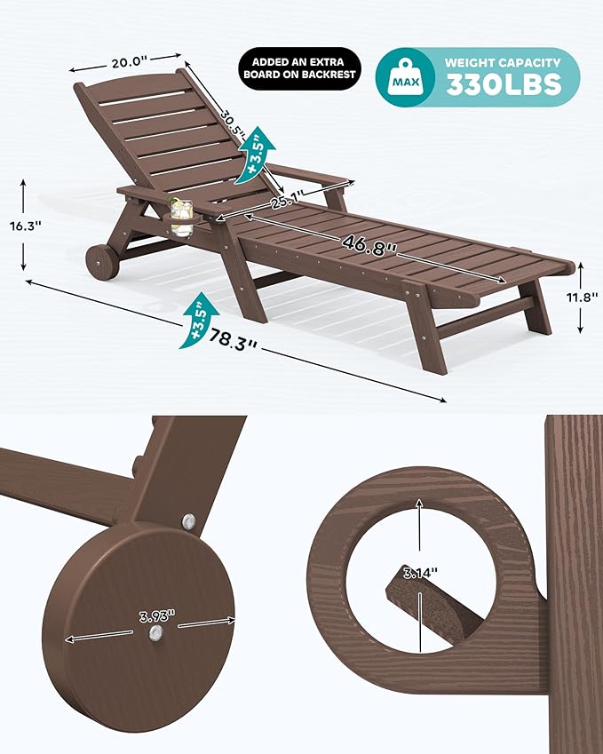 SERWALL Patio Chaise Lounge Chair Set of 2 with 9FT Patio Umbrella, 78'' HDPE Outdoor Lounger - Photo 5