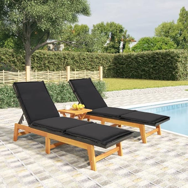 Sun Loungers with Cushions 2 pcs Poly Rattan and Solid Wood Acacia, Patio Loungers, Relaxation Chairs, Pool Loungers - Photo 1