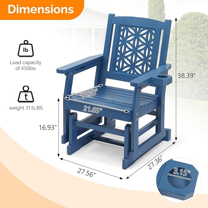 VINGLI Fir Wood Outdoor Glider with Floral Backrest, Wooden Patio Gliding Bench with Cup Holders - Photo 3