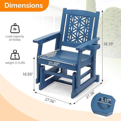 VINGLI Fir Wood Outdoor Glider with Floral Backrest, Wooden Patio Gliding Bench with Cup Holders, Smooth Rocking Chair for Garden, Yard & Porch (Blue, 2.3 FT)