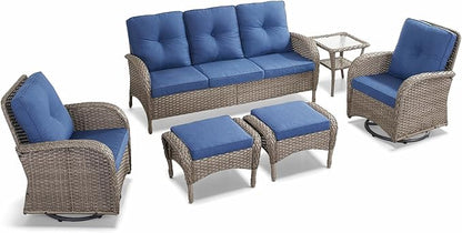 6 Pieces Outdoor Furniture-Patio Swivel Rocker Chairs Set of 2 3-Seater Wicker Couch with Outdoor Ottoman Outdoor Patio Furniture Set for Deck Porch Garden Balcony Poolside-Grey/Blue