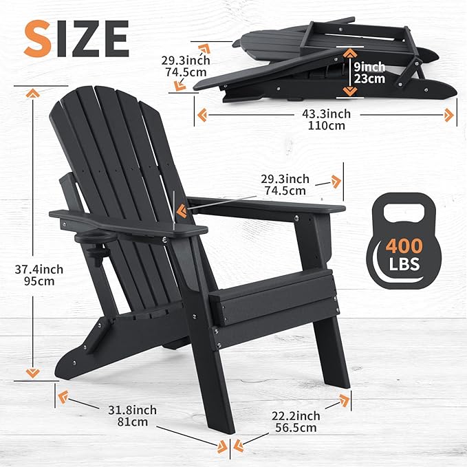 FUNBERRY Folding Adirondack Chair Set of 3, All Weather HDPE Fire Pit Chairs with Cup Holder for Outdoor - Photo 3