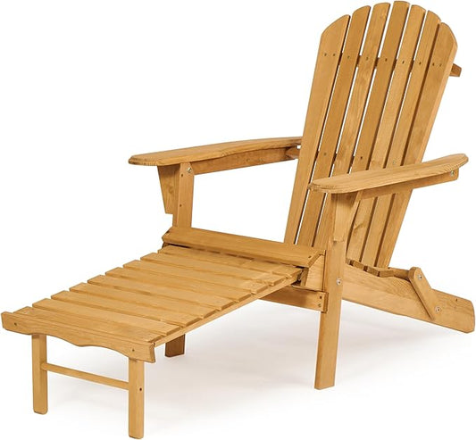 Outdoor Wooden Folding Adirondack Chair with Retractable Ottoman, Wood Patio Chair with Footrest for Garden Backyard Porch Pool Deck Firepit