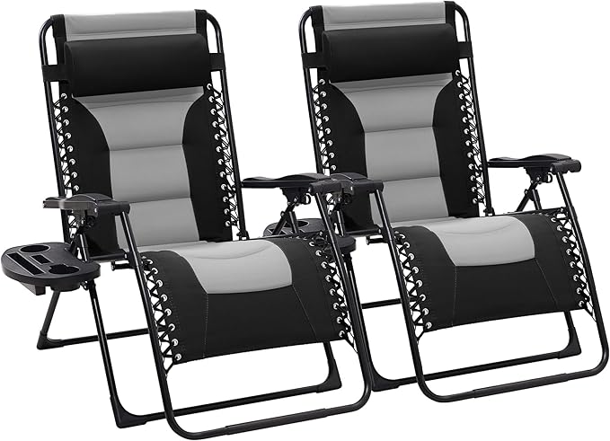 JEAREY Oversized Padded Zero Gravity Chairs Set of 2, Folding Lounge Chair Outdoor Patio Recliner, Anti Gravity Chair for Backyard with Headrest, Cup Holder, Side Tray, Polyester Mesh - Black/Gray