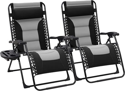 JEAREY Oversized Padded Zero Gravity Chairs Set of 2, Folding Lounge Chair Outdoor Patio Recliner, Anti Gravity Chair for Backyard with Headrest, Cup Holder, Side Tray, Polyester Mesh - Black/Gray