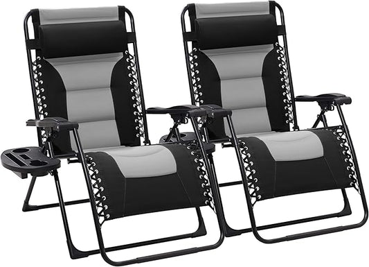 JEAREY Oversized Padded Zero Gravity Chairs Set of 2, Folding Lounge Chair Outdoor Patio Recliner, Anti Gravity Chair for Backyard with Headrest, Cup Holder, Side Tray, Polyester Mesh - Black/Gray