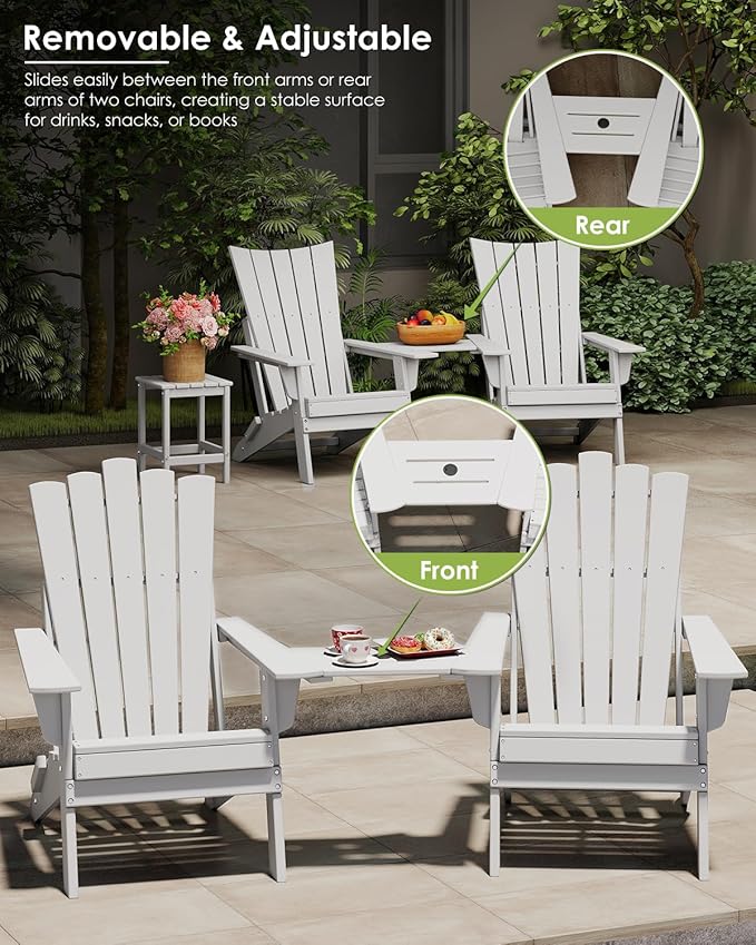 GREENVINES Folding-Adirondack-Chairs-Set-of-2 | HDPE Plastic | Throne Series | Fire Pit Chair | with Connecting Tray | Removable Table | All Weather | for Outdoor Patio Deck Poolside | White