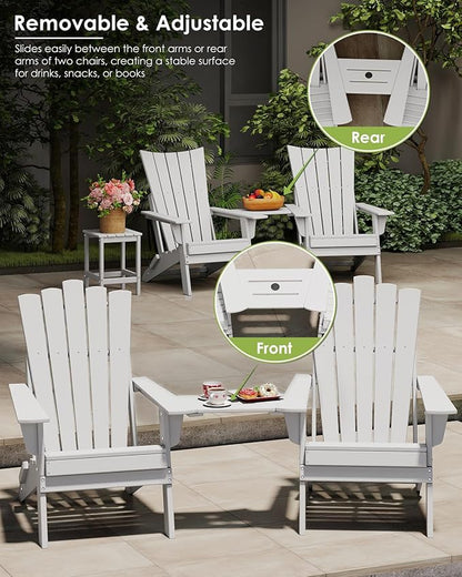 GREENVINES Folding-Adirondack-Chairs-Set-of-2 | HDPE Plastic | Throne Series | Fire Pit Chair | with Connecting Tray | Removable Table | All Weather | for Outdoor Patio Deck Poolside | White