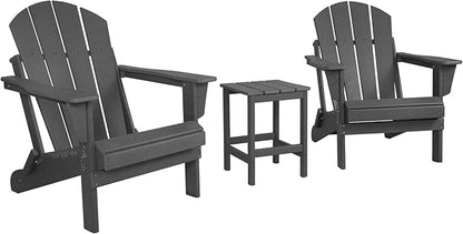 WestinTrends Malibu 3-Pieces Adirondack Chairs Set with Side Table, All Weather Outdoor Seating Plastic Patio Lawn Chair Folding for Outside Porch Deck Backyard, Gray