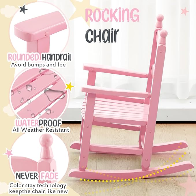 Kids Rocking Chair Cushion Pad Set Toddler Rocking Chair Indoor Outdoor Wooden Rocker Child Patio Rocker for Porch Balcony Lawn Indoor Outdoor(Pink,Ages 2-5)