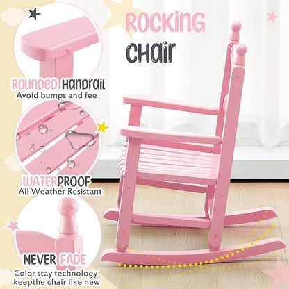 Kids Rocking Chair Cushion Pad Set Toddler Rocking Chair Indoor Outdoor Wooden Rocker Child Patio Rocker for Porch Balcony Lawn Indoor Outdoor(Pink,Ages 2-5)