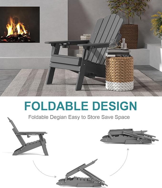 FOOWIN HDPE Adjustable Adirondack Chair Set of 4, 400lbs Heavy Duty Folding Patio Chairs with Cup Holder, 3-Position Reclining Fire Pit Seating, All-Weather Poly Lumber for Backyard, Deck - Grey