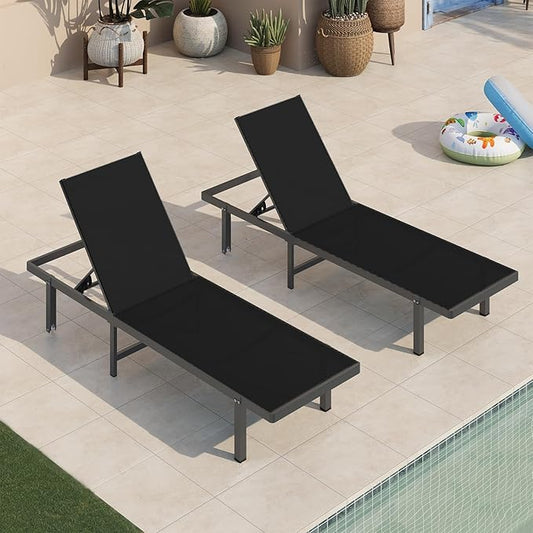Aluminum Outdoor Lounge Chairs Set of 2, Pool Lounge Chairs with Wheels and 5-Position Recliner -Easy to Move- Patio Chaise Lounge Outdoor for Poolside, Deck, Beach (Black)
