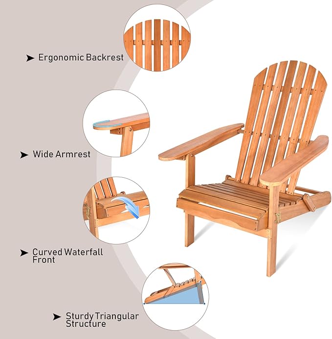 Tangkula Folding Adirondack Chair, Weather Resistant Outdoor Chair, Eucalyptus Wood Adirondack Lounger Chair for Patio Porch Deck Poolside and Backyard (1) Natural