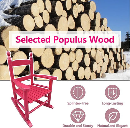 Toddler Rocking Chair for Kids Age 2-5, Hardwood Porch Rocker with Back Support & Armrest for Small Spaces Living Room Outdoor Garden, Easy Assembly (Rose Red)