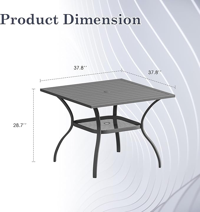 Outdoor Dining Table with Adjustable Umbrella Hole, 37.8" All-Weather Square Patio Dining Table for 4, Metal Patio Table for Garden Lawn Porch Deck Yard, Dark Grey