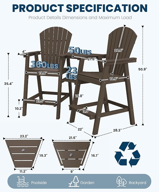 FOOWIN Tall Adirondack Chair Set of 2, All Weather HDPE Bar Height Adirondack Chair with Double Connecting Trays - Photo 2
