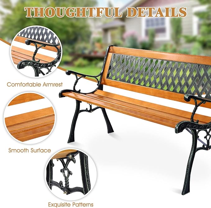 S AFSTAR Garden Bench, Pine Park Bench Porch Bench with Diamond Weaving Backrest, 470 LBS Bearing Capacity, Weatherproof Outdoor Wood Bench for Backyard Deck Lawn Poolside