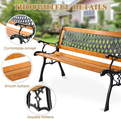 S AFSTAR Garden Bench, Pine Park Bench Porch Bench with Diamond Weaving Backrest, 470 LBS Bearing Capacity, Weatherproof Outdoor Wood Bench for Backyard Deck Lawn Poolside