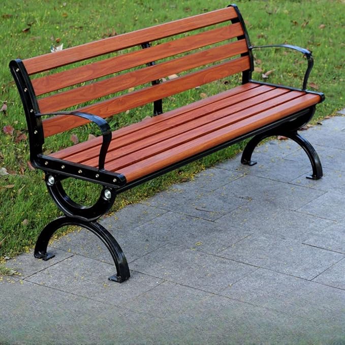 LITFAD Outdoor Bench Modern Park Bench with Corrosion Resistant Metal Frame, Red Brown Wooden Seating with Backrest, Garden Bench for Patio, Lawn, Yard, Porch - Type D, 47.2" L x 21.5" W x 29.5" H