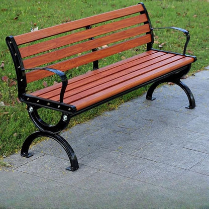 LITFAD Outdoor Bench Modern Park Bench with Corrosion Resistant Metal Frame, Red Brown Wooden Seating with Backrest, Garden Bench for Patio, Lawn, Yard, Porch - Type D, 71" L x 21.5" W x 29.5" H