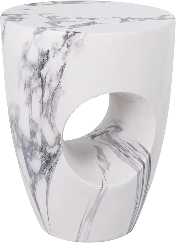 Merax 19.29" H Modern Round MgO Side Table with Cutout Accent, Faux Marble Outdoor Garden Stool & Indoor End Table, Weather Resistant Decorative Accent Table, No Assembly Required, Faux Marble