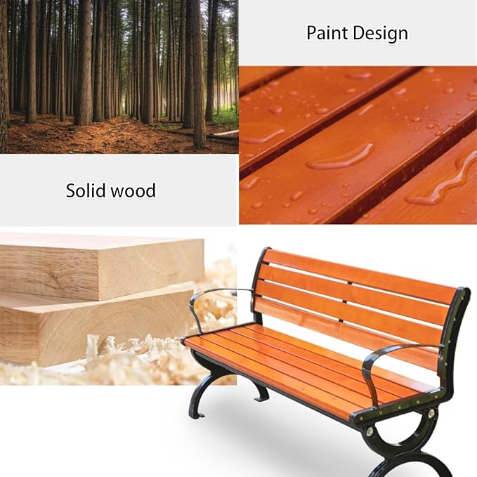 Garden Bench, Outdoor Metal Bench, Bench Park with Armrests and Backrests, Wooden Bench Patio for Garden, Porch, Yard, Slatted Seat(120cm/47.2in)