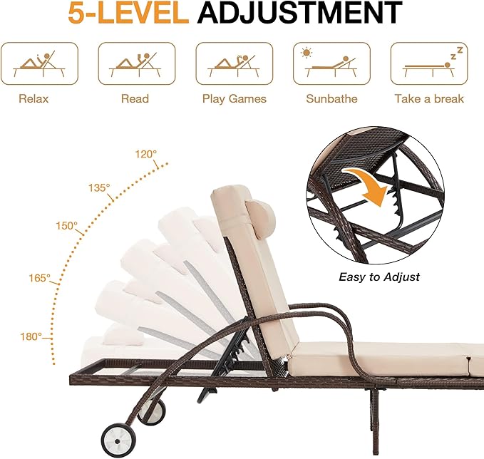 HOMREST Wicker Chaise Lounge Set of 2, Pool Lounge Chair with Side Table, Outdoor Reclining Lounger Chair with Wheels 5-Level Adjustable Backrest for Poolside Deck Lawn,Khaki
