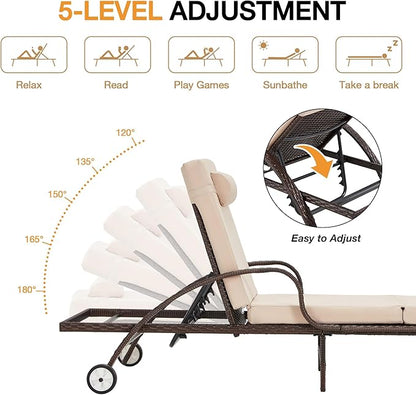 HOMREST Wicker Chaise Lounge Set of 2, Pool Lounge Chair with Side Table, Outdoor Reclining Lounger Chair with Wheels 5-Level Adjustable Backrest for Poolside Deck Lawn,Khaki