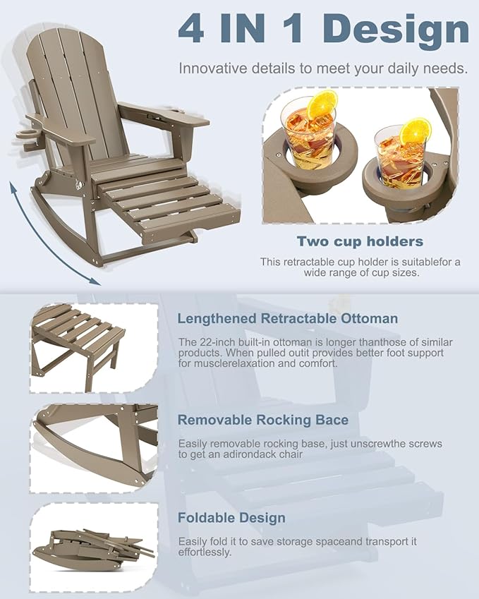 Adirondack Rocking Chairs Set of 2 with Retractable Ottoman, All Weather Folding Adirondack Chair with Two Cup Holders, Adirondack Outdoor Rocking Chairs for Porch, Patio, Balcony. Brown