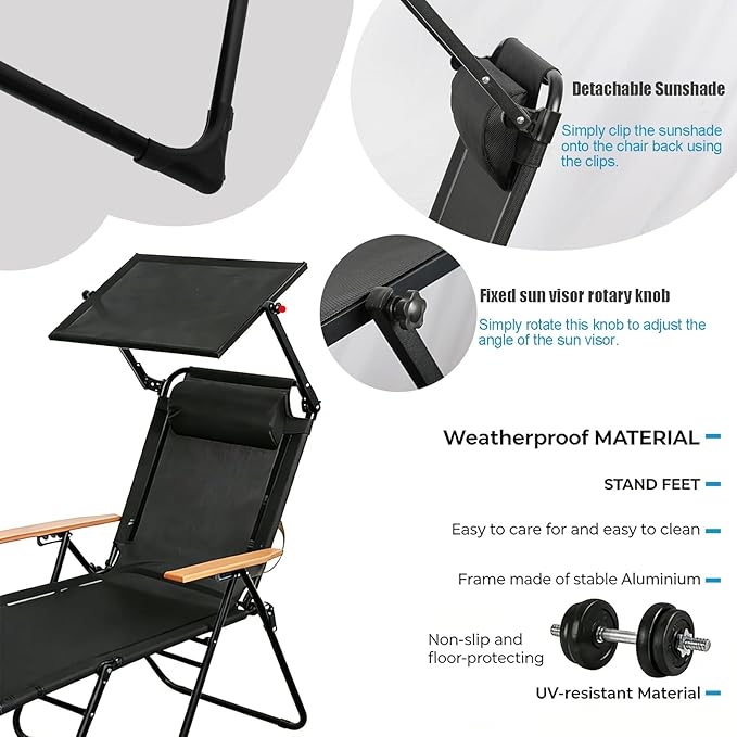 Folding Outdoor Chaise Lounge Chair with 360°Shade, 4 Position Portable Sun Tanning Chair with Headrest, Foldable Beach Lounge Chair with Cup Holders & Wooden Armrests for Patio Pool Lawn (Black-B)