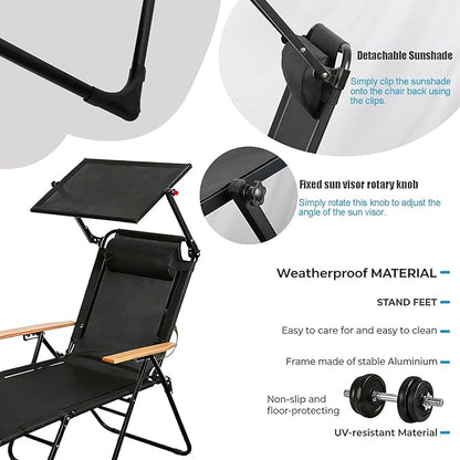 Folding Outdoor Chaise Lounge Chair with 360°Shade, 4 Position Portable Sun Tanning Chair with Headrest, Foldable Beach Lounge Chair with Cup Holders & Wooden Armrests for Patio Pool Lawn (Black-B)