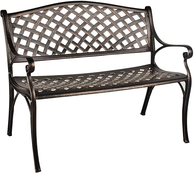 LEISU OKIDA 41” Outdoor Garden Bench All-Weather Cast Aluminum Porch Loveseat Chair for Patio Park Path Yard Lawn Work Entryway Decor Deck (Bronzed)