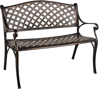 LEISU OKIDA 41” Outdoor Garden Bench All-Weather Cast Aluminum Porch Loveseat Chair for Patio Park Path Yard Lawn Work Entryway Decor Deck (Bronzed)