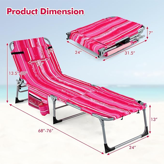 Tangkula Tanning Chair, Outdoor Folding Beach Lounge Chair with Face Hole, Adjustable Footrest, Removable Pillow - Photo 2