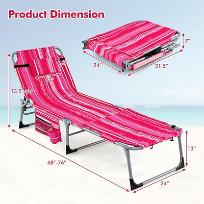 Tangkula Tanning Chair, Outdoor Folding Beach Lounge Chair with Face Hole, Adjustable Footrest, Removable Pillow, Storage Pocket, 5-Position Sunbathing Chair for Outside Beach (2, Pink Stripe)