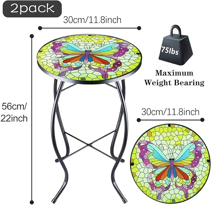 2PCS 12 Inch Small Outdoor Side Table with Colorful Butterfly, Glass Mosaic Patio Table Indoor - Photo 3