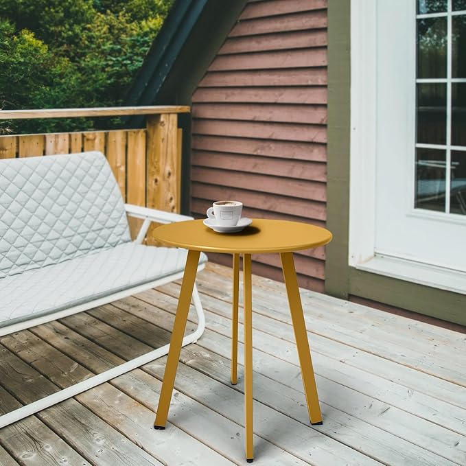 Outdoor Side Table - Weather Resistant Patio Small Round Metal Steel Side Table, Waterproof End Table for Garden, Balcony, Yard - Yellow