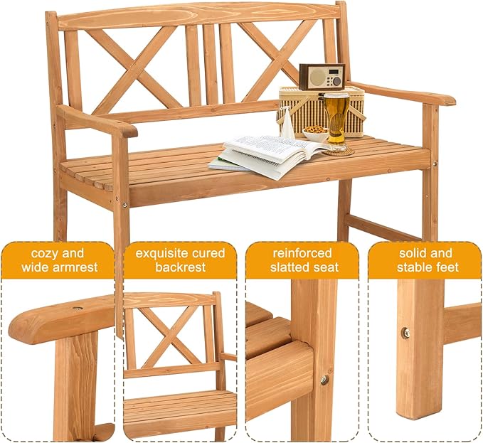 Garden Bench Loveseat - 2-Person Acacia Wood Bench with Armrest, Backrest, Sturdy Frame, 800lbs Capacity, Outside Park Bench for Patio, Yard, Front Porch, Outdoor Garden Bench, Natural