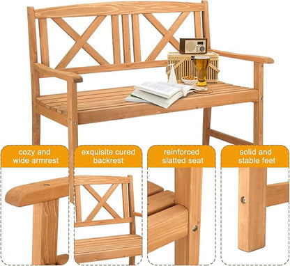 46" Outdoor Garden Bench Solid Wood Patio Park Bench Elegant Porch Deck Loveseat with Back and Armrest